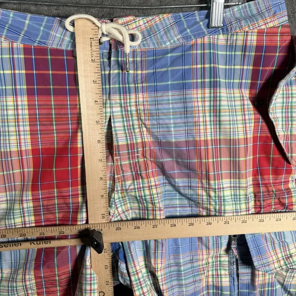 Polo Ralph Lauren Mens 36 Madras Plaid Cargo Board Shorts Swim Trunks Y2K Resort